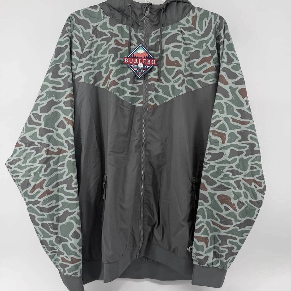 Burlebo Retro Duck Camo Windbreaker Jacket Full Zip Hooded Vented Mens Large